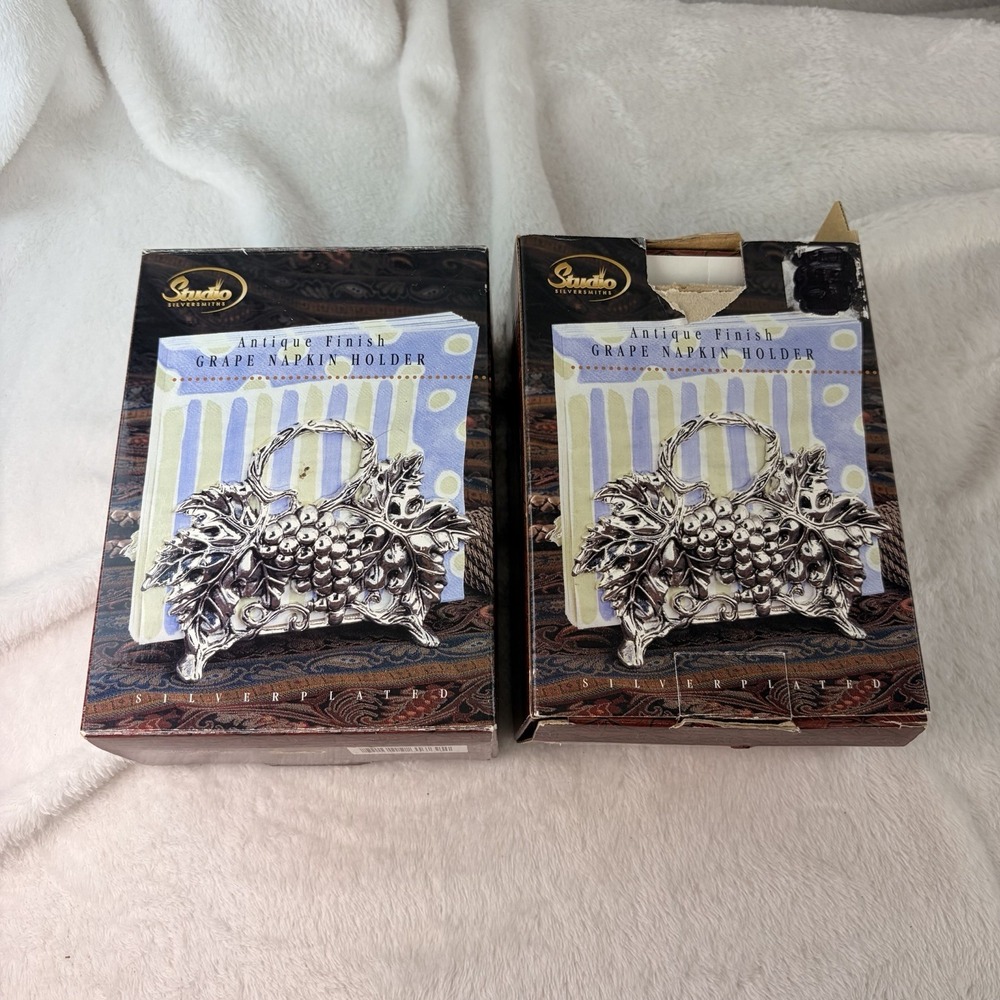 Vtg 90s Studio Silversmiths Antique Finish Grape Napkin Holder Original Box Pair